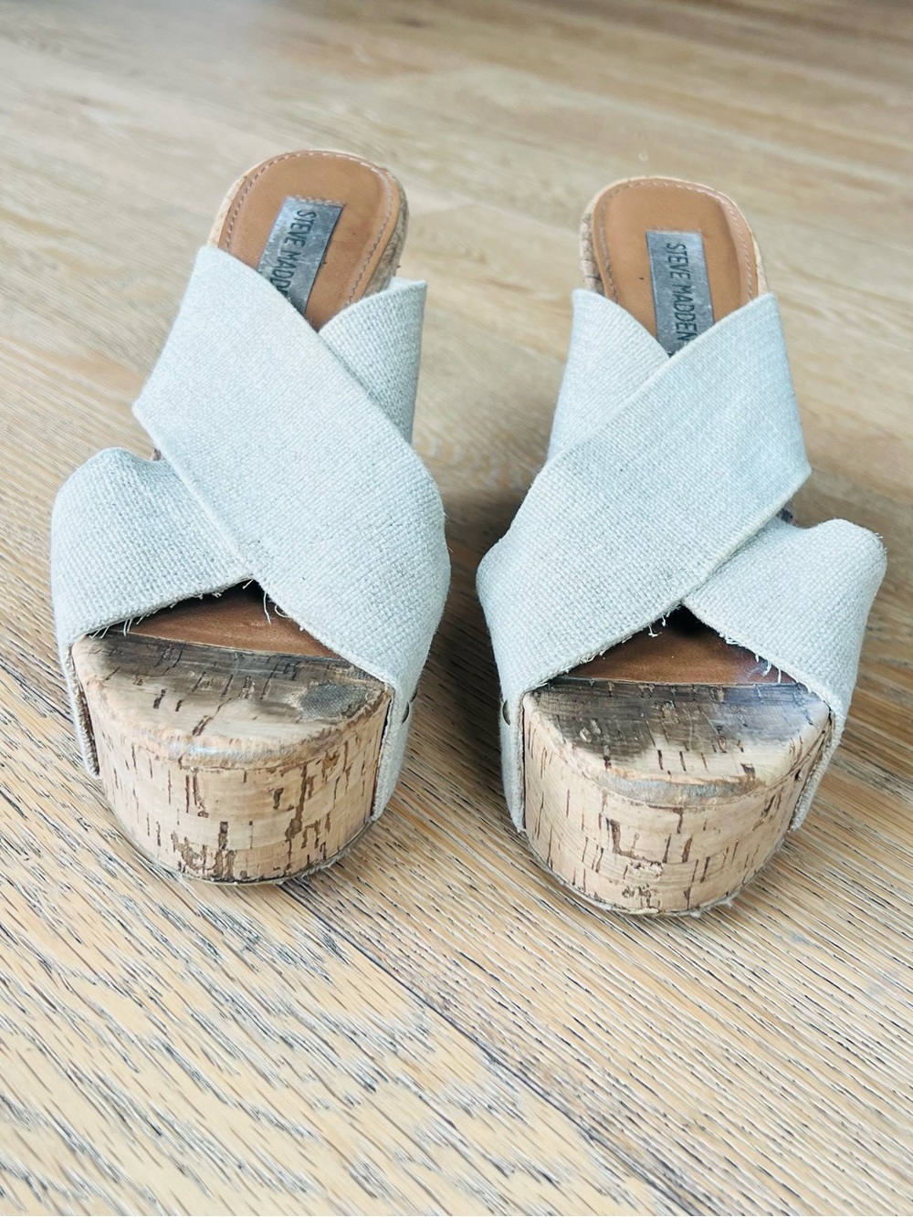 Steve Madden Beige Crisscross Cork Slip on Wedges